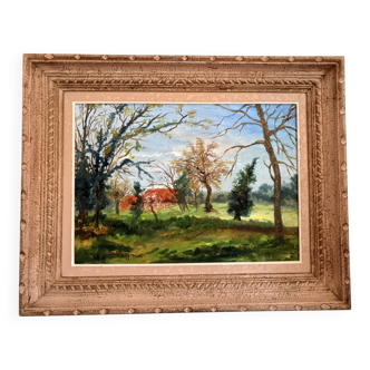Old painting Oil on canvas Countryside Landscape House Garden Tree N