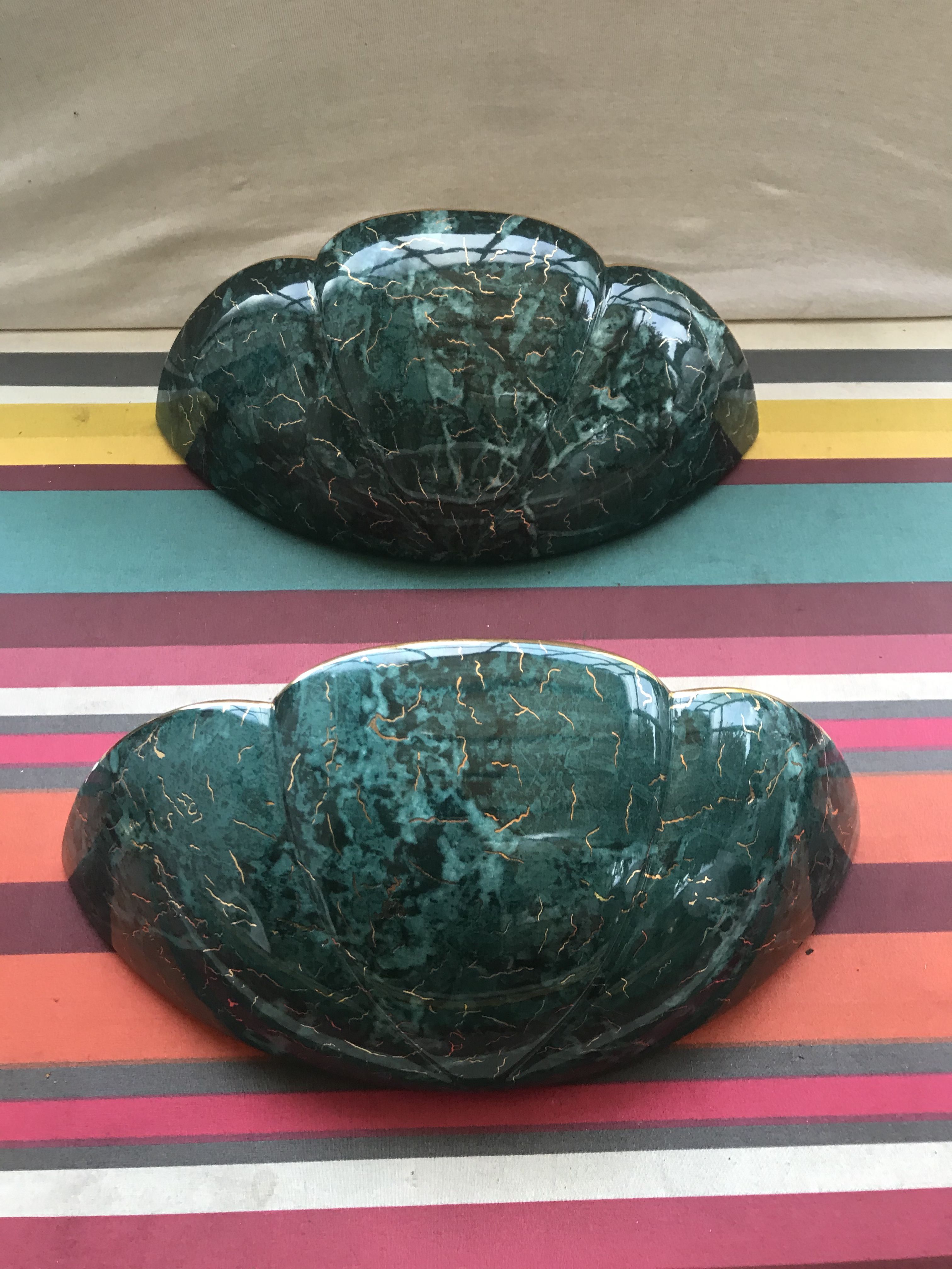 Old Pair wall light  Green Ceramics Style Marble - Vintage Golden Veins