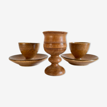 Trio of coquetiers ceramic and vintage wood