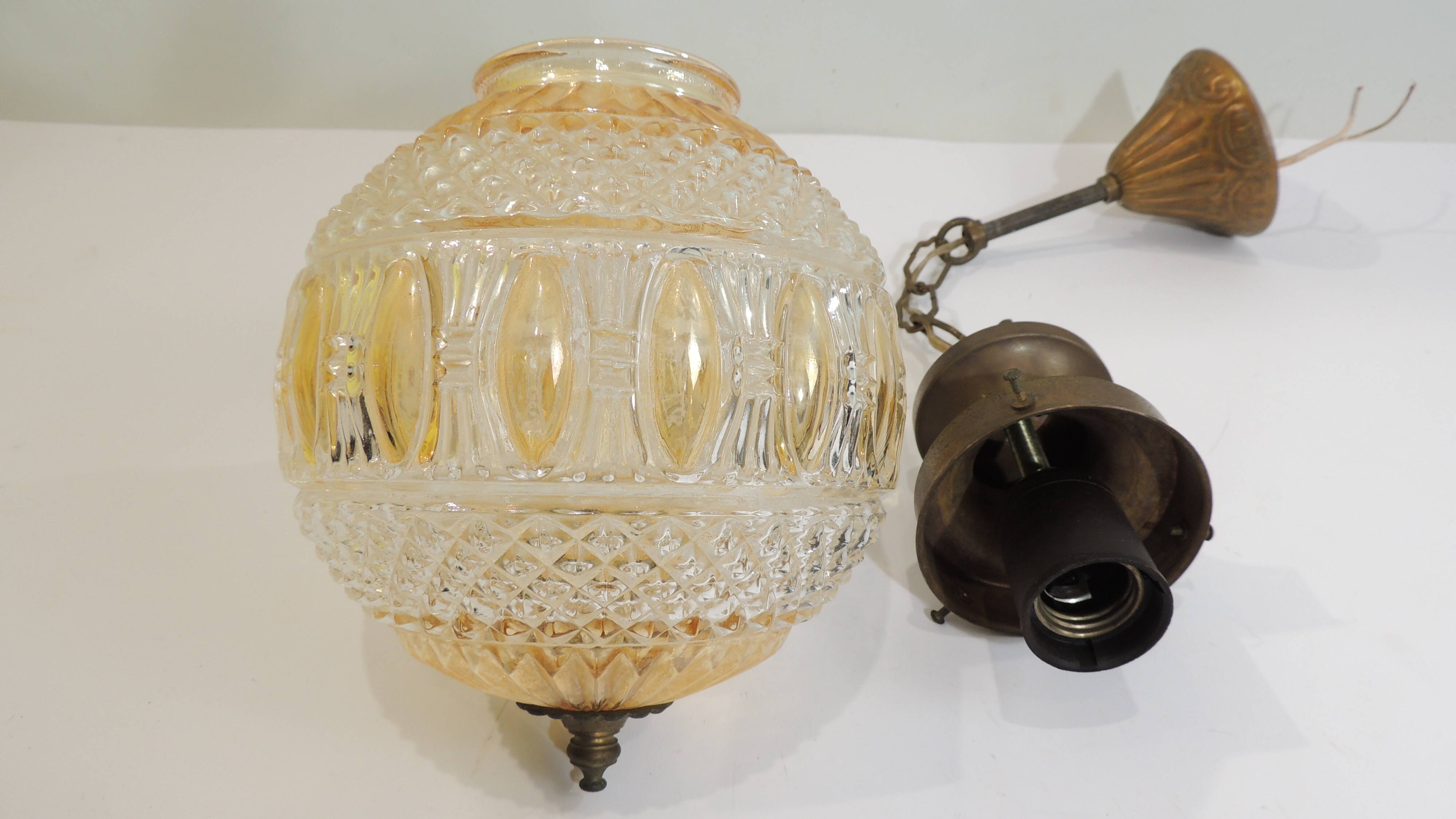 Vintage pendant light in molded glass and brass, glass ball hanging lamp