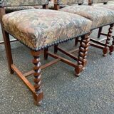 6 chaises à manger Louis XIII bois massif torsadés et tissu écru du 19ème