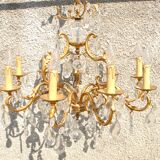 Lustre à pampilles 9 feux monumental en bronze doré et cristal suspension
