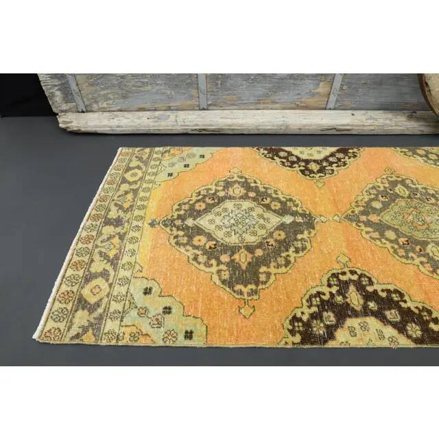 1970s Vintage Turkish Hand-Knotted Wool Cotton Orange Runner Rug 92x390