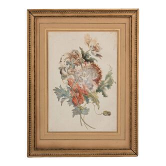 Watercolor on paper Bouquet of flowers by Bouilliat 1785 Golden frame