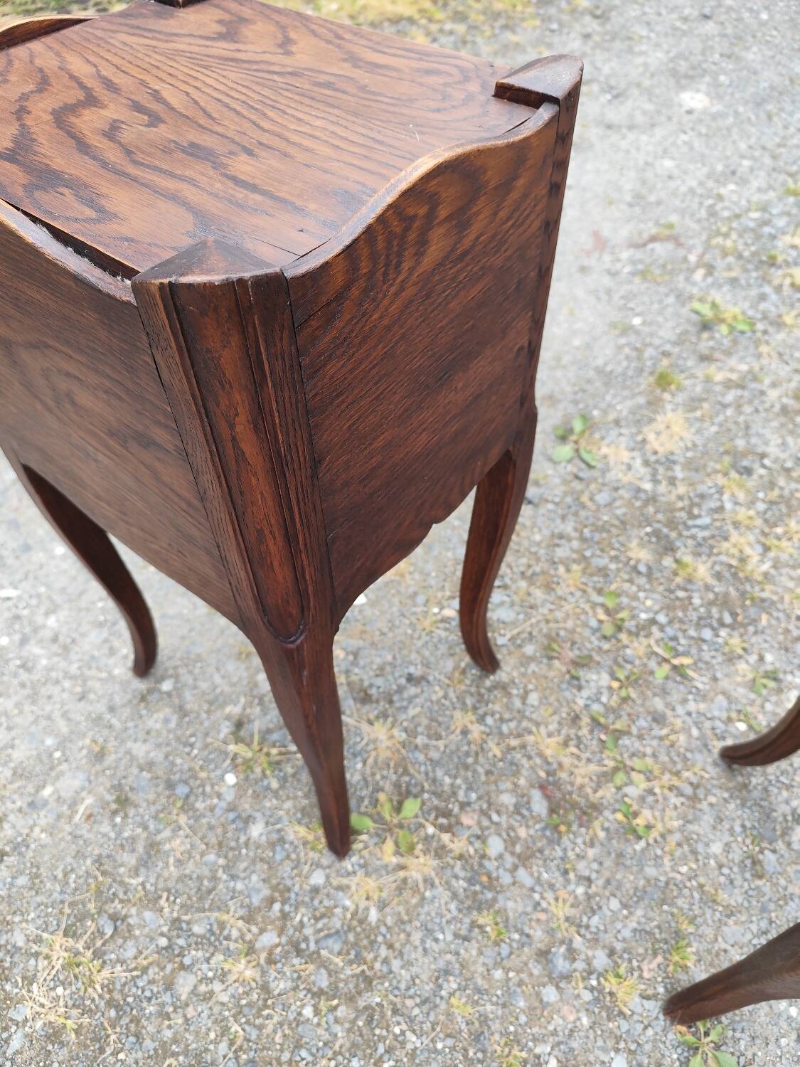 Pair of oak bedside tables with curtained niche doors