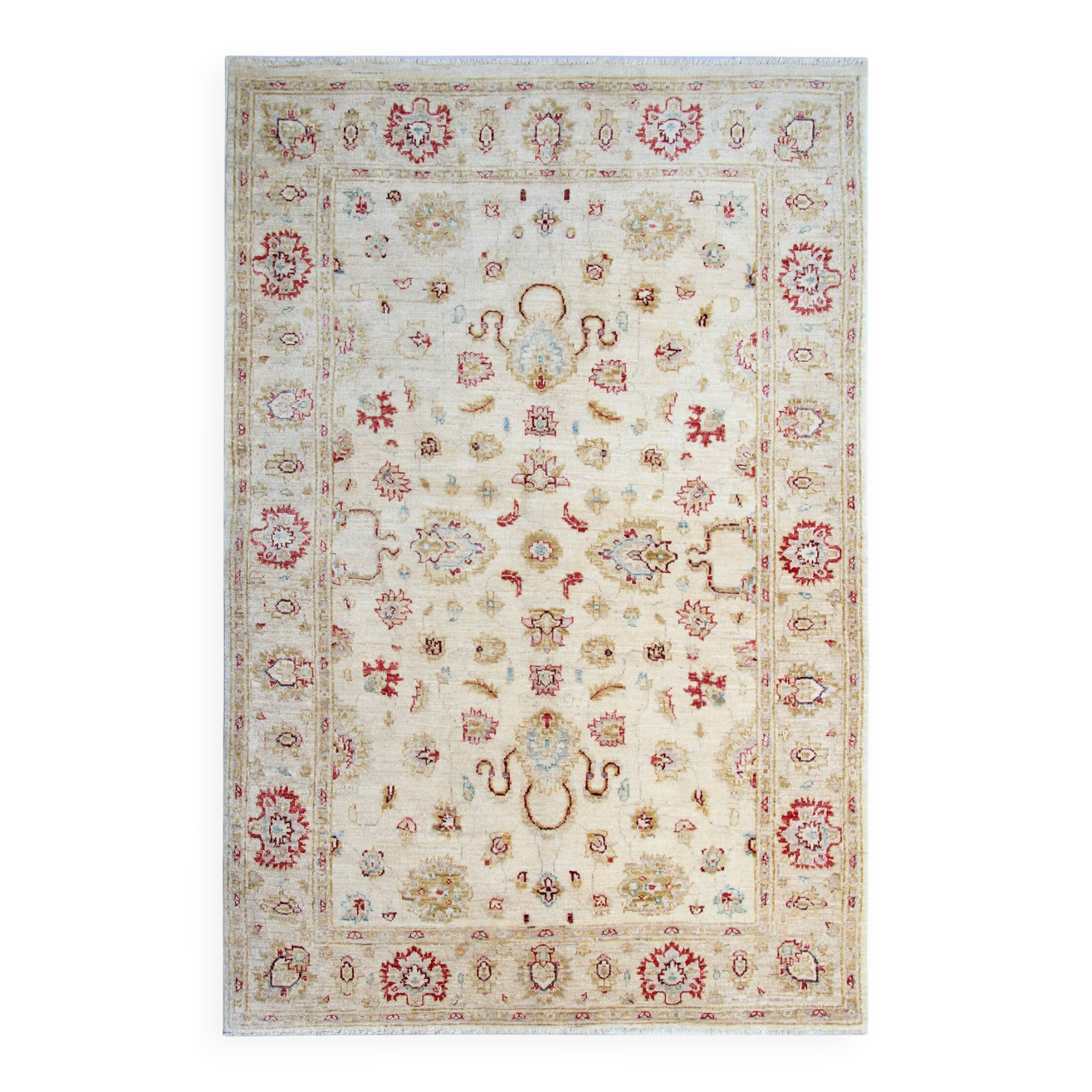 Cream Wool Area Rug, Handwoven Floral Carpet, Traditional Decor 190x128cm