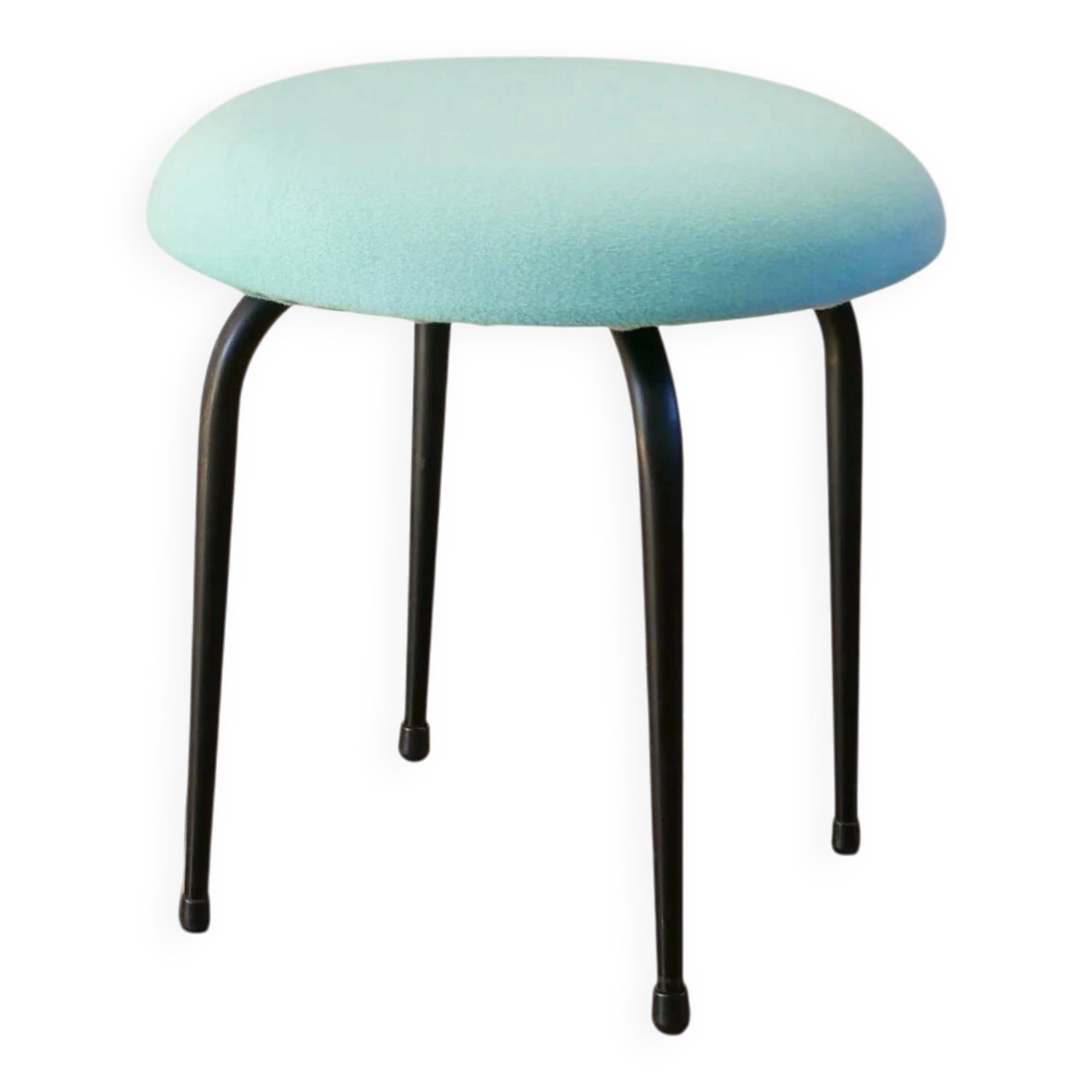 Tabouret en fer noir et laine bouillie, bleu turquoise, 1960