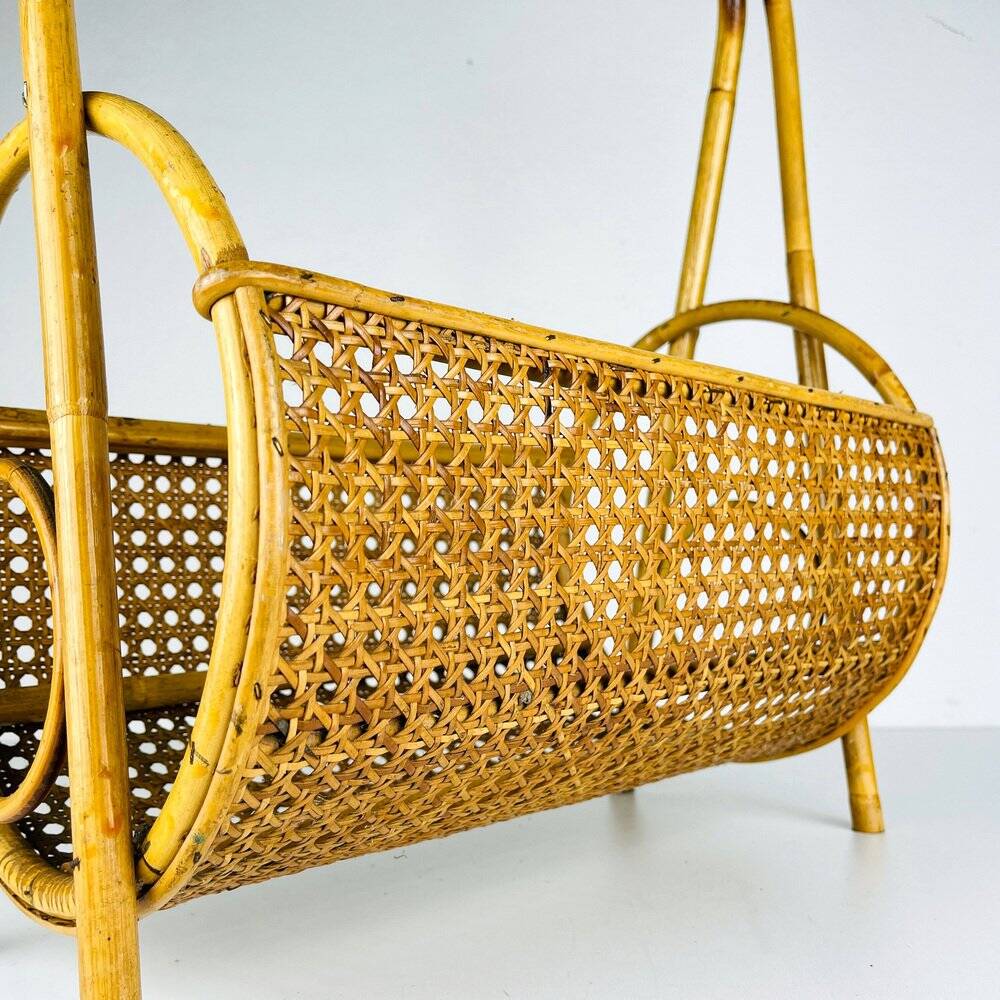 Vintage bamboo and Vienna straw magazine rack, Italy, 1960s.