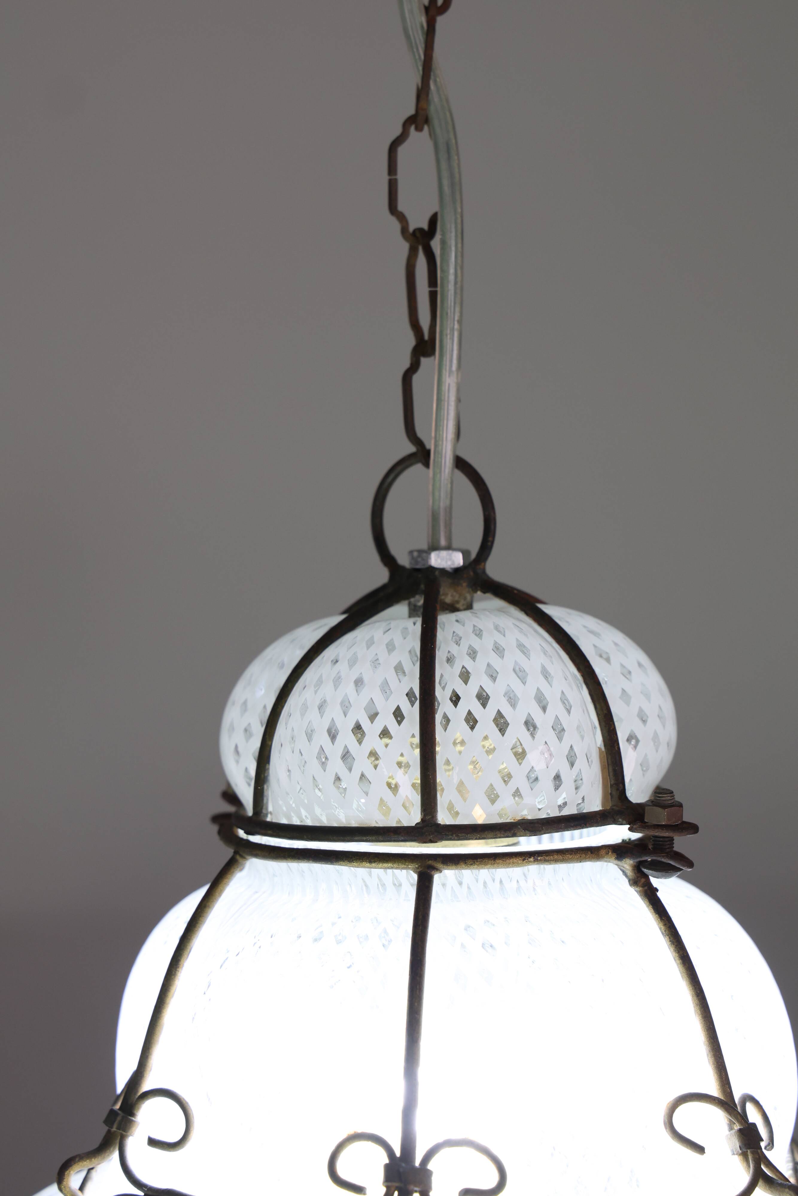 Amazing Large Venetian Lantern in Murano Reticello Glass, 1940s