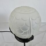 Art Deco lamp in frosted glass and wrought iron In the style of Edgard Brandt, 1930s-40s