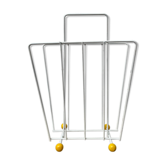 Vintage White Metal Magazine Rack with Yellow Feet
