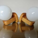 Pair of Scandinavian wall lights in pine and white opaline, 1980s.