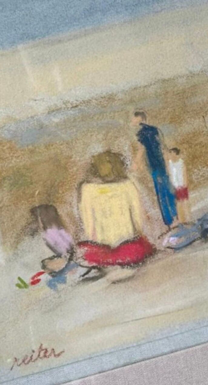 Pastel painting, family beach scene in Normandy signed Henri Reiter.