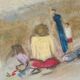 Pastel painting, family beach scene in Normandy signed Henri Reiter.