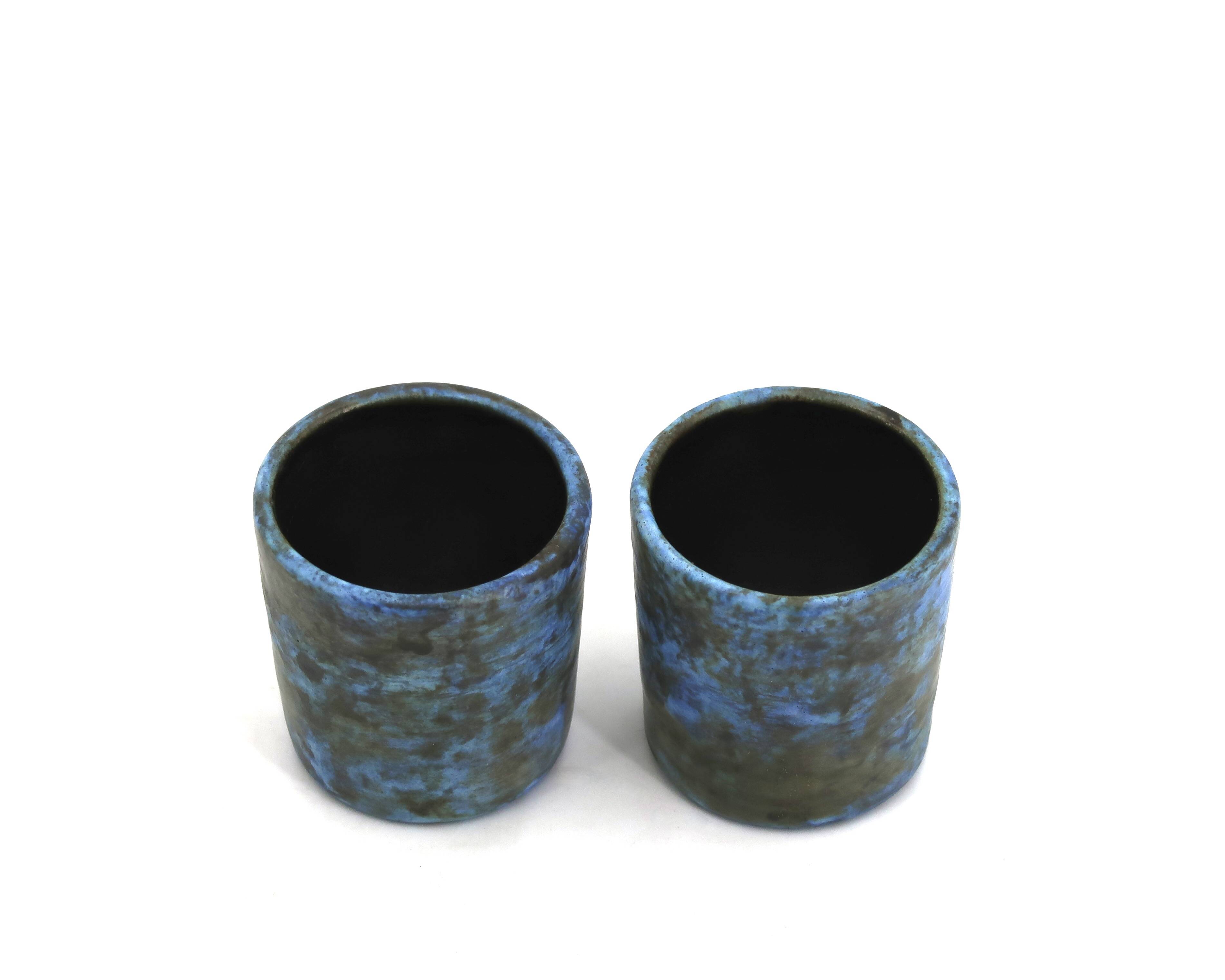 Two blue ceramic liqueur glasses by Jacques Blin, 1950s.