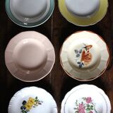 6 mismatched deep plates in floral colours from Digoin, Sarreguemines, Gien.