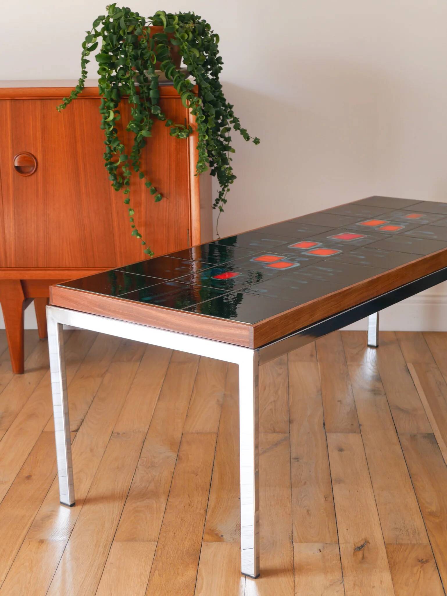 Table basse en céramique, teck & chrome, design, 1970