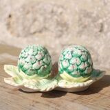 Salt & pepper set in slip – artichokes on leaf tray