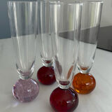 Set of 4 vintage champagne flutes – coloured ball foot – blown glass