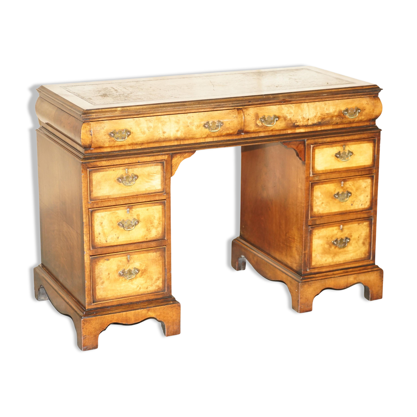 Victorian antique partner's desk in veined walnut with a leather top.