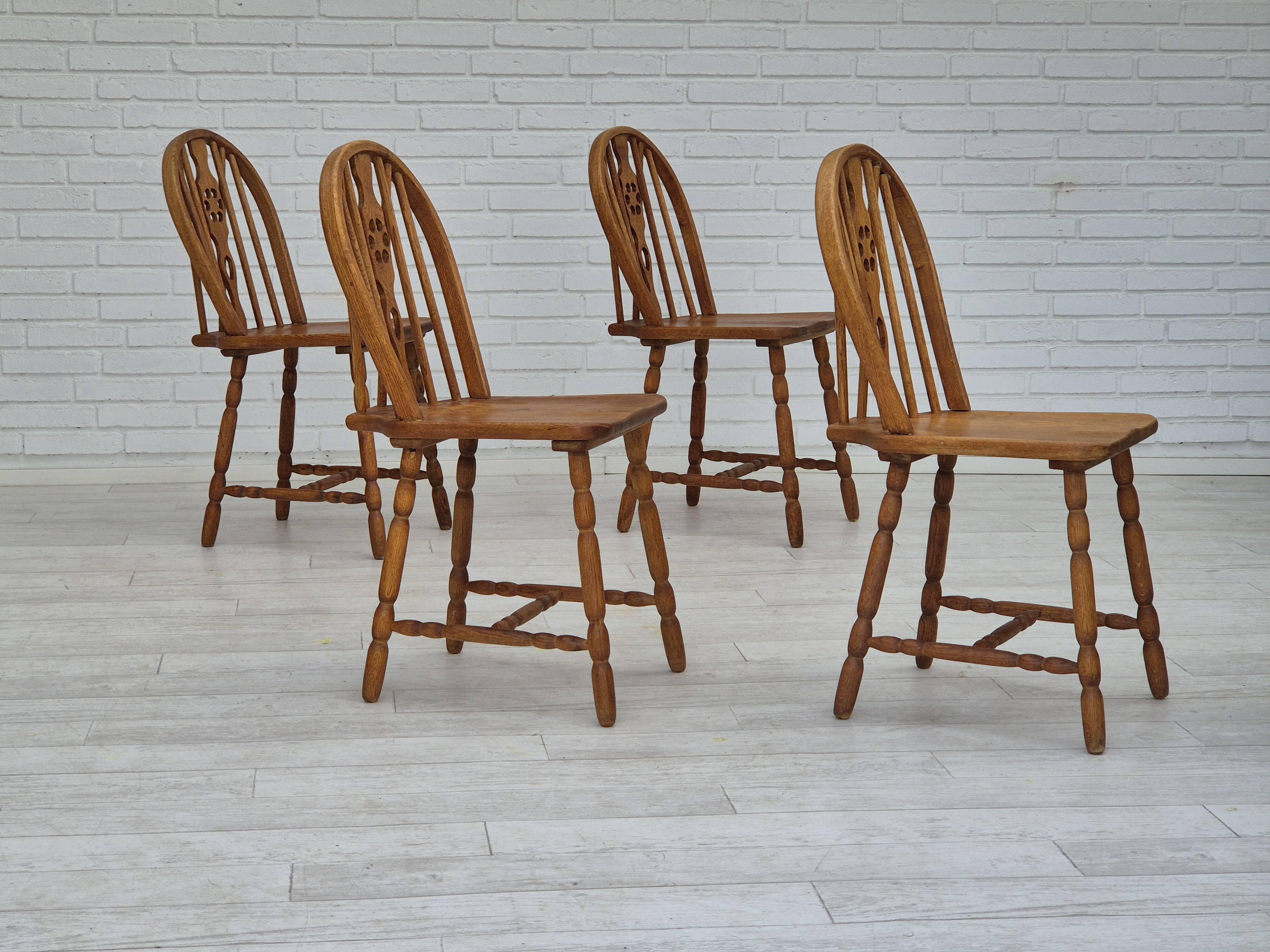 1960s, set of 4 scandinavian dining chairs in solid oak wood, original good condition.