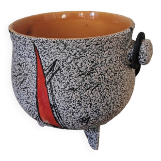 Cache pot vintage céramique moucheté trois pied avec anse métal