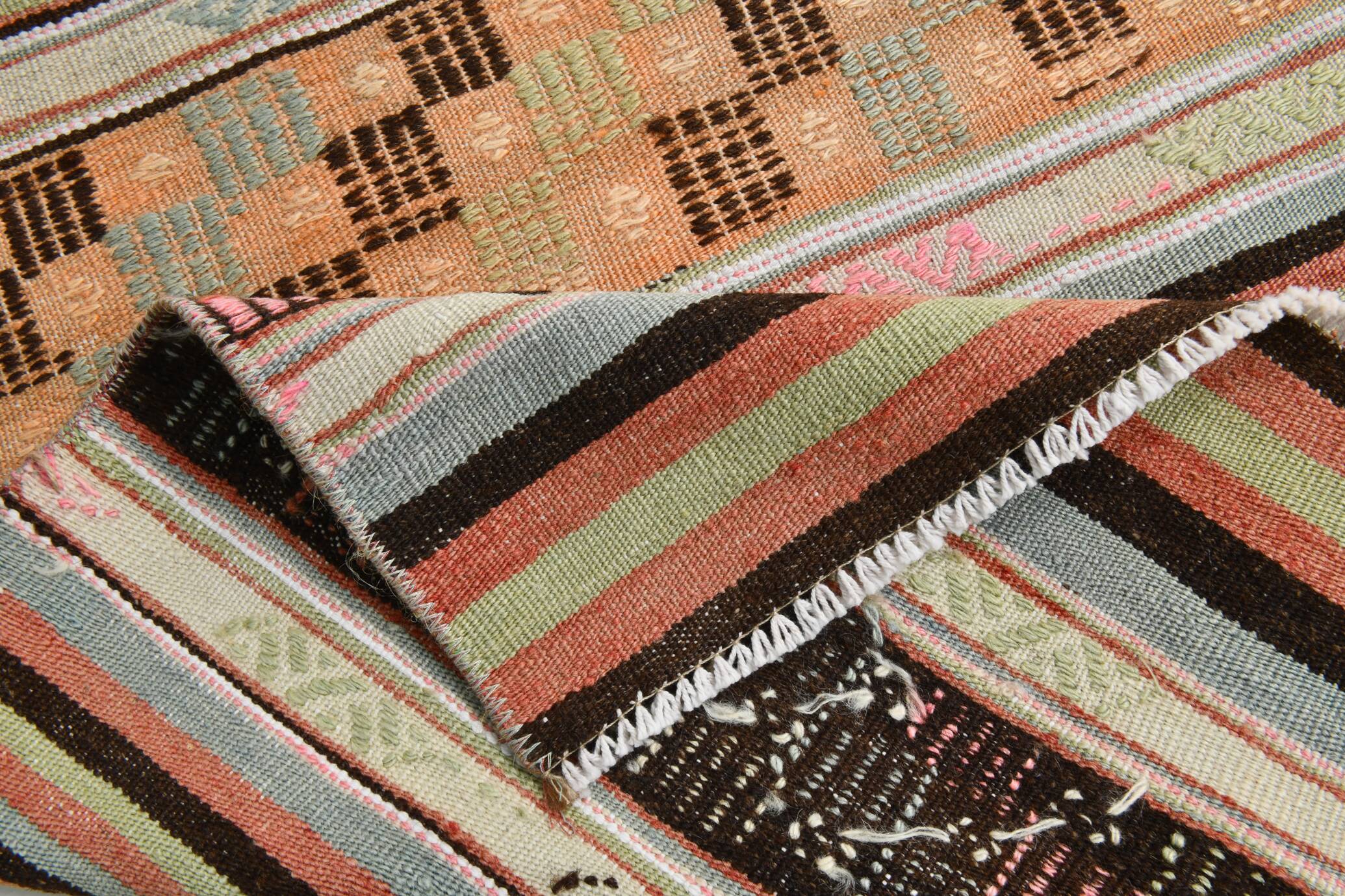 2x9 Green & Orange Striped Kilim Runner Rug, 74x276Cm