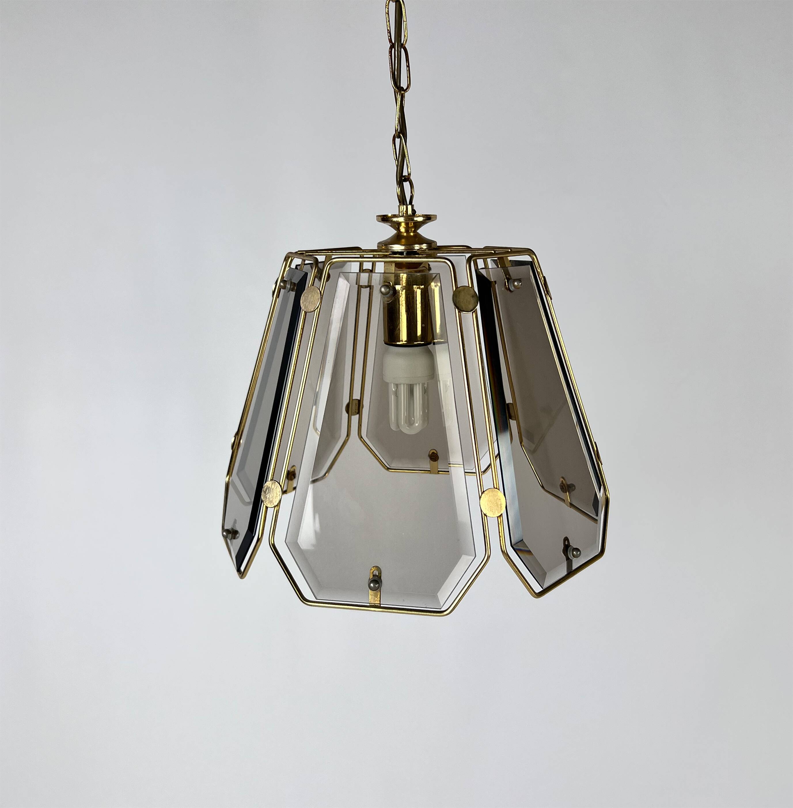 French Brass and Smoked Glass Hal Pendant, 1970s