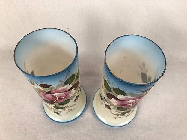 Pair of opaline vases with enameled decoration, late 19th century