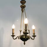 Chandelier, suspension in gilded bronze and green sheet metal with 3 arms, Empire style. Early 20th century