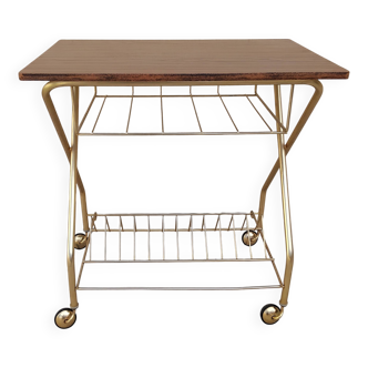 Vintage record player and record rack on wheels