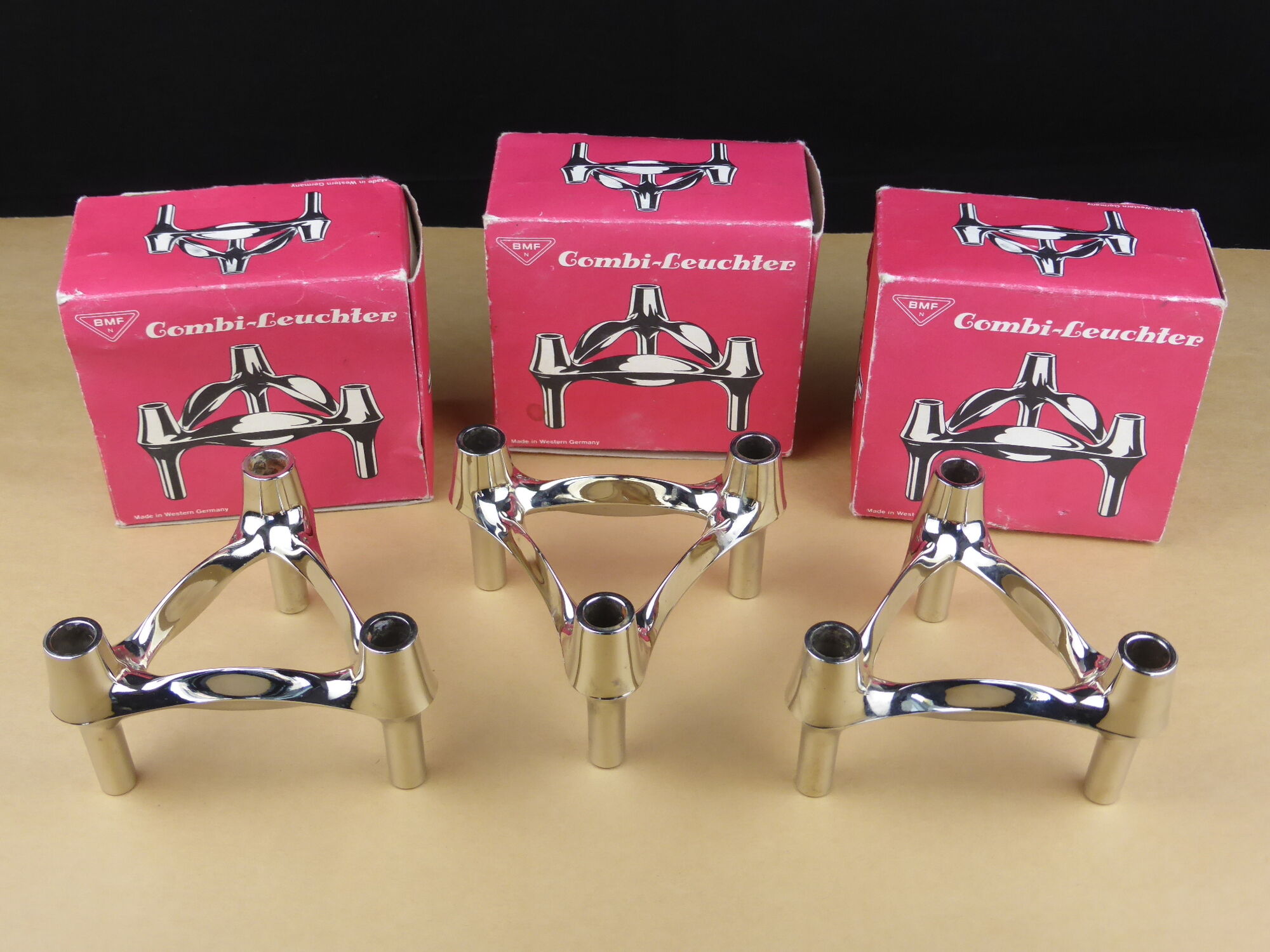 3 Combi-Leuchter chrome metal vintage candlesticks at BMF