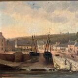 Oil on canvas by F. Lemoine the port of Nantes late 19th century stucco frame