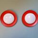 Pair of XXL Space Age wall sconces, orange lacquered metal and opaline, 1960.