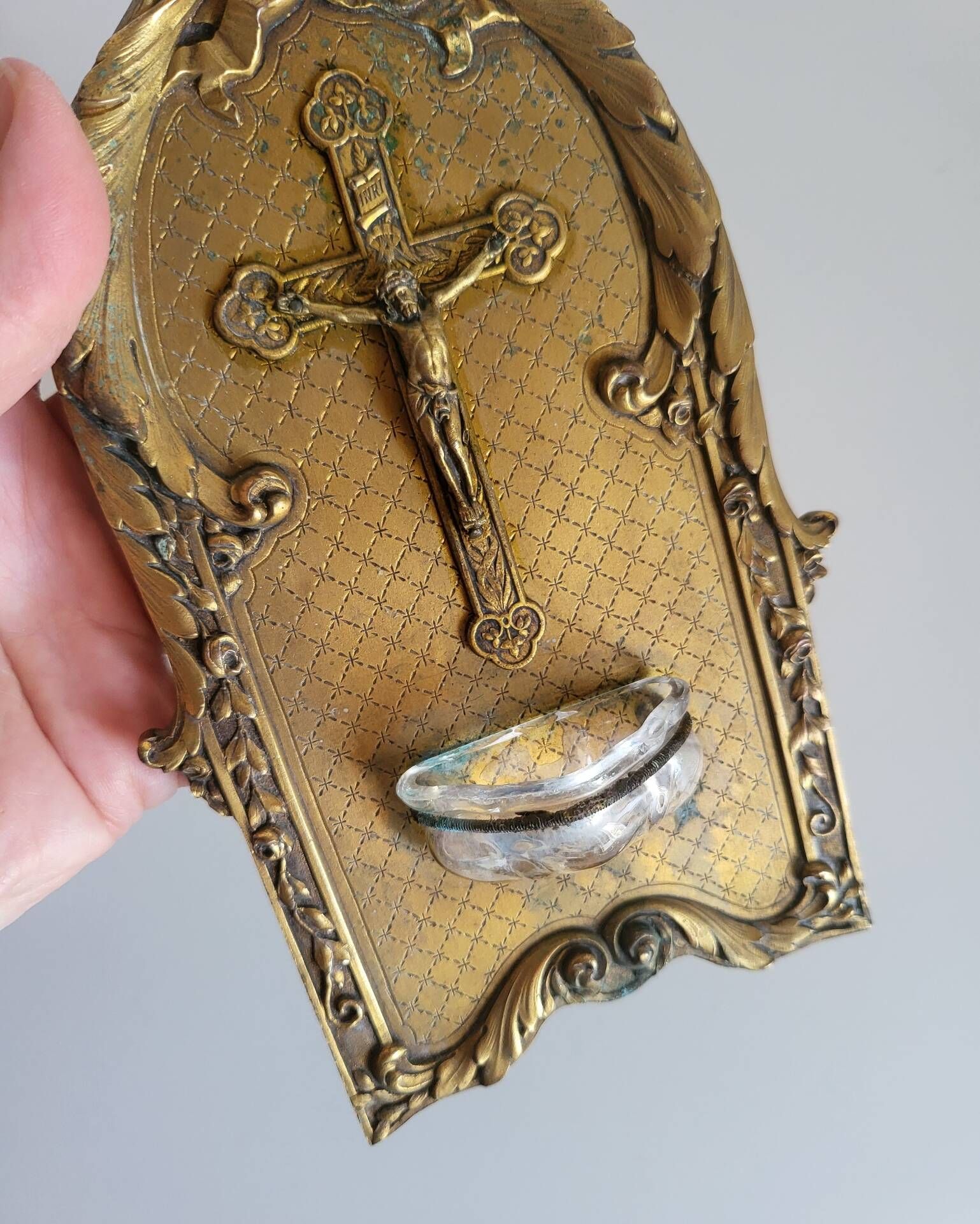 Antique Wall-mounted Bronze Font in Louis XVI Style Crucifix Cross