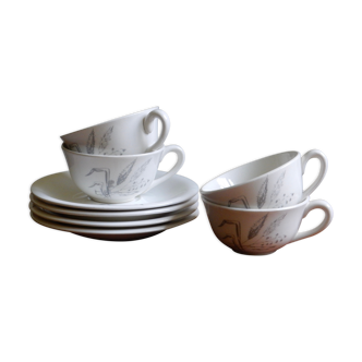 Gien 4 tasses et soucoupes motif épis blé des années 60