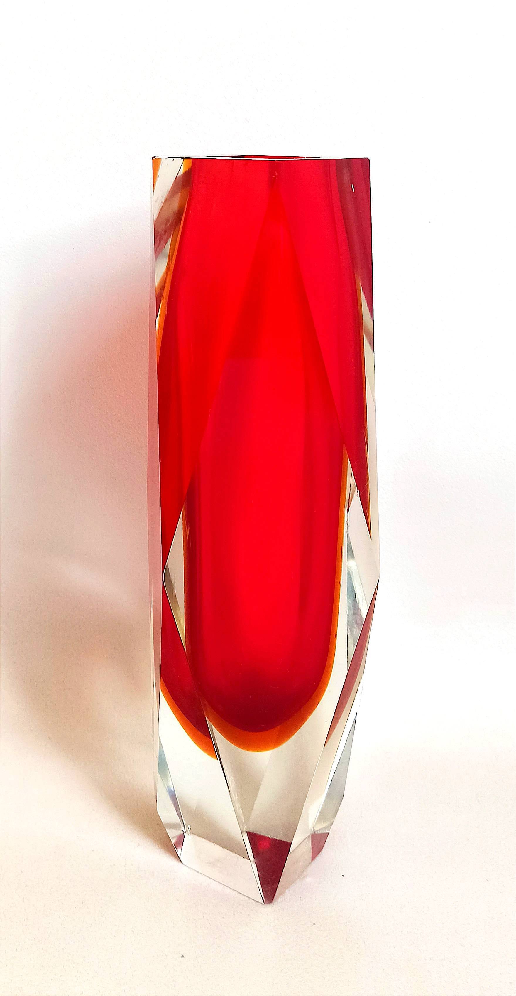 Bright red Murano Sommerso faceted vase 1960s Height 30 cm