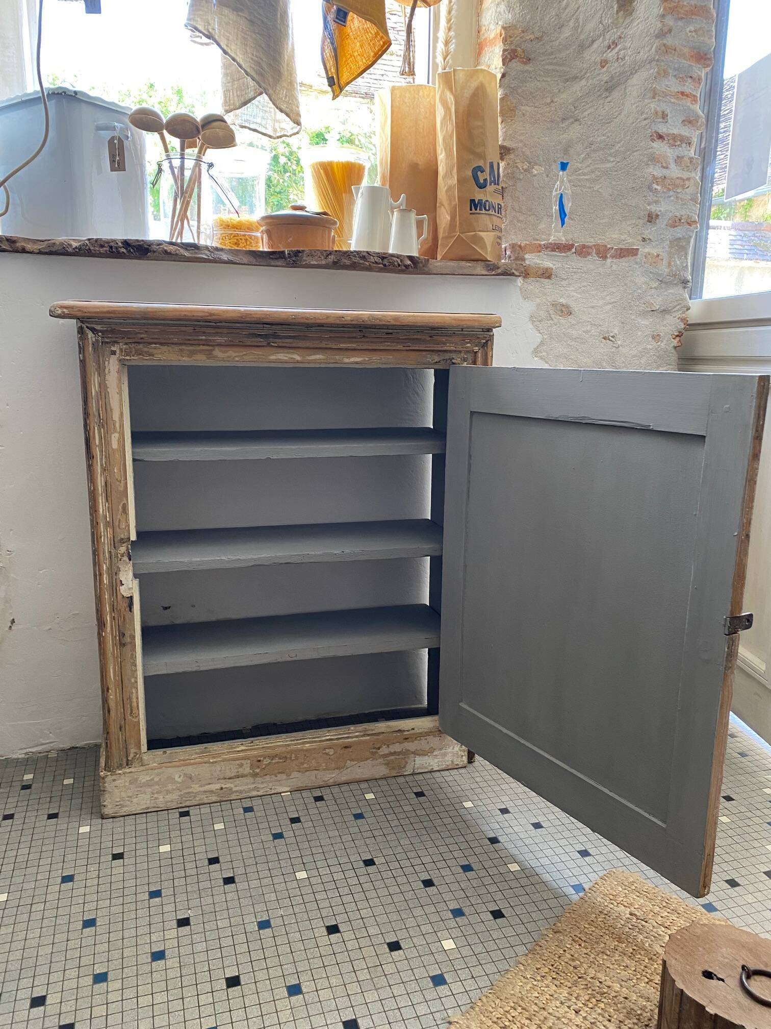 One-door stripped pine sideboard