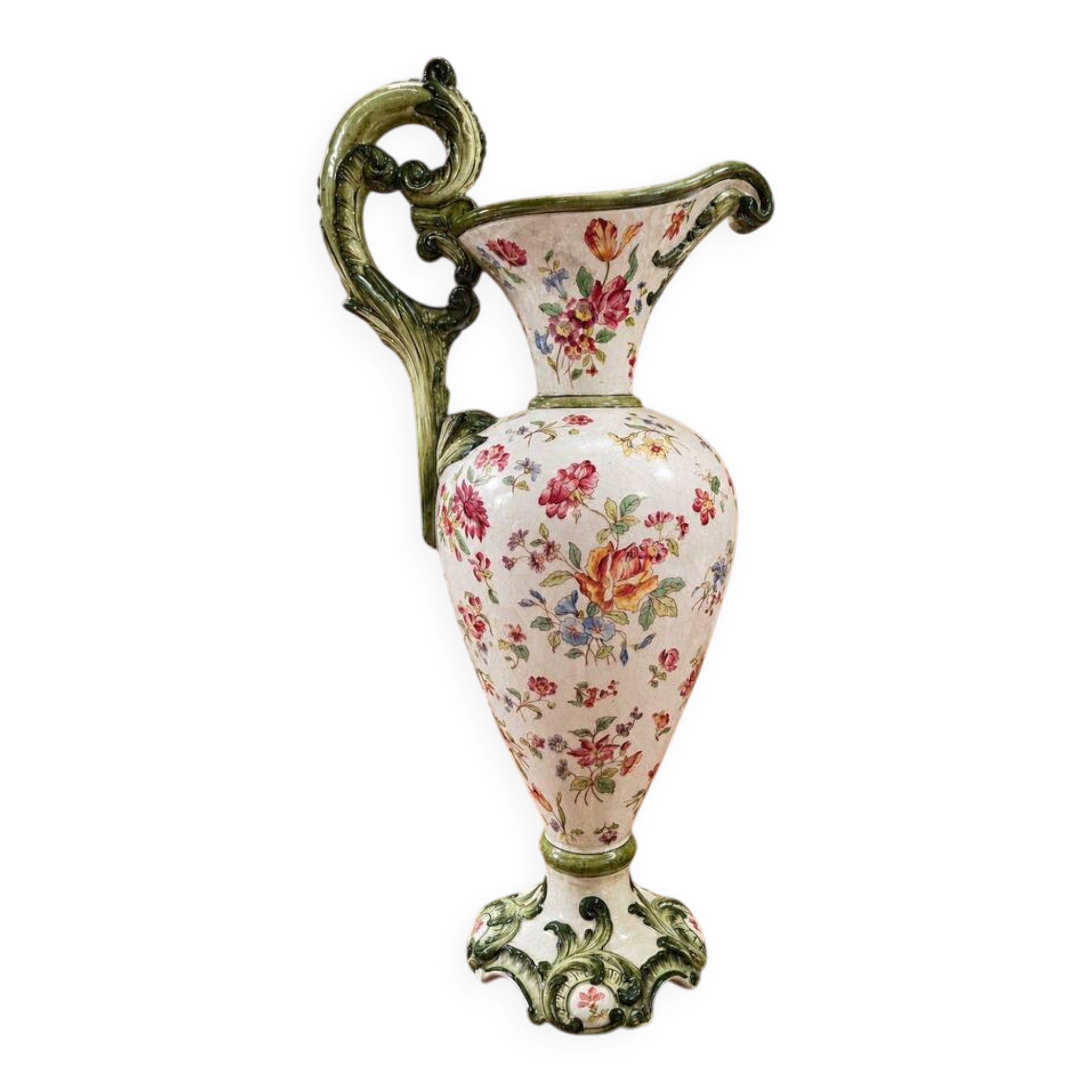 aiguière décorative en faïence polychrome – Décor floral – Style rocaille