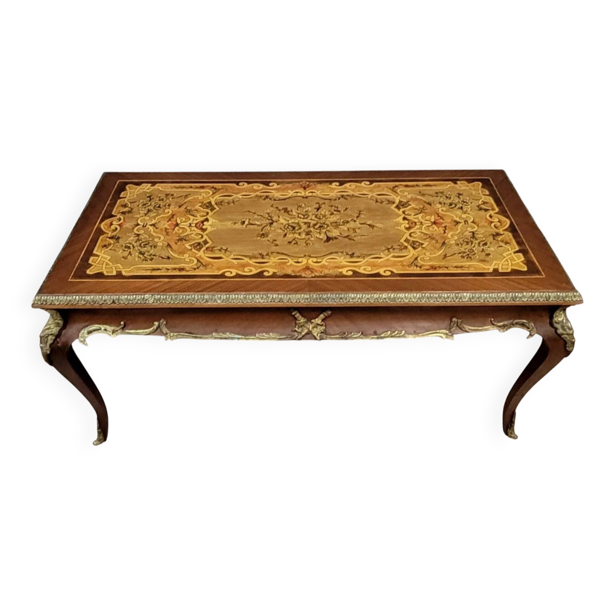 Louis XV style coffee table in marquetry and patinated bronzes circa 1950