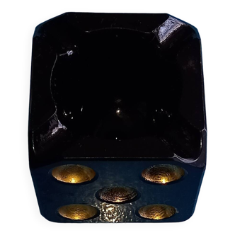 Walnut and gold ashtray in the shape of a playing dice - Golden reliefs and 4 cigarette notches