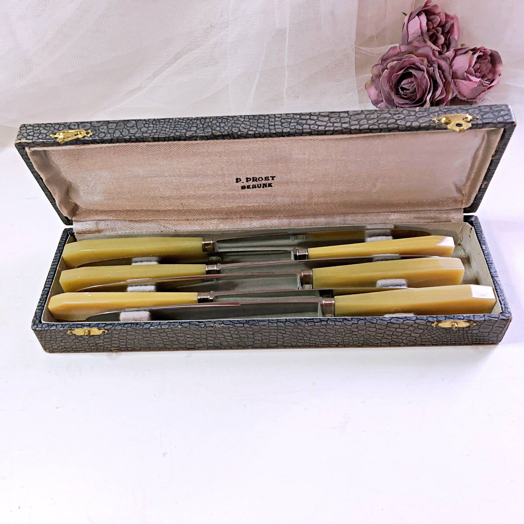 Coffret de 6 couteaux de table manche bakélite France début XXe