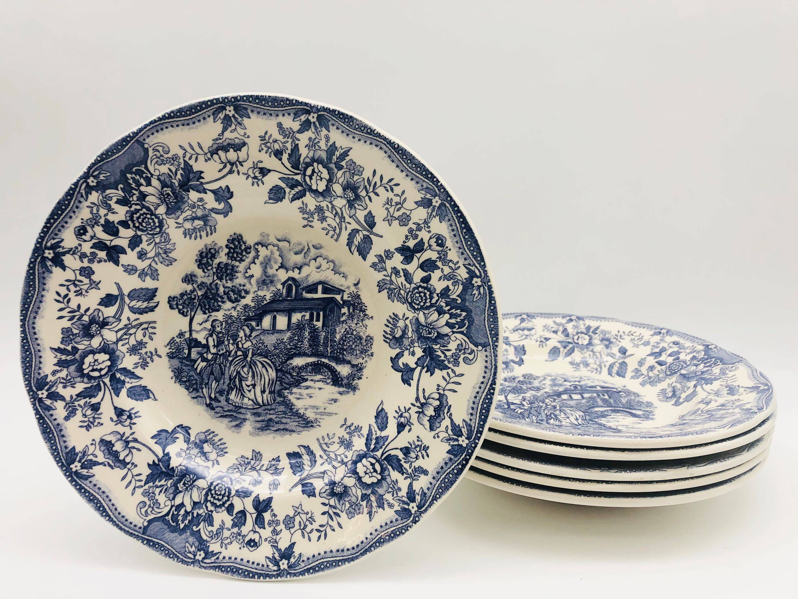 6 vintage blue soup plates “Toile de Jouy patterns”
