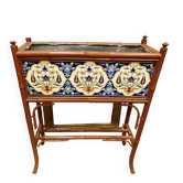 Vintage Longwy enamel jardinière in colour on bamboo wood legs.