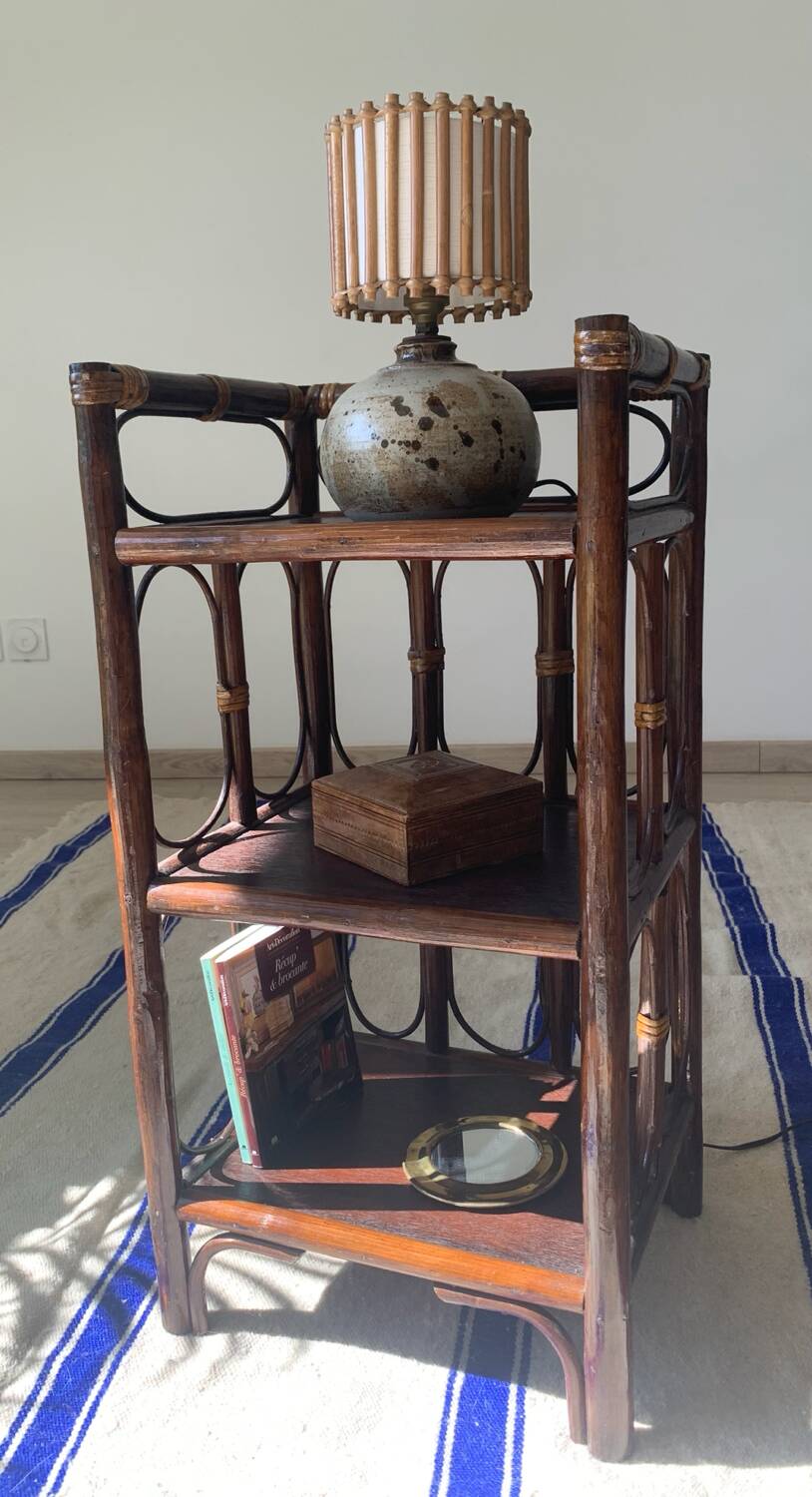 Vintage wooden and rattan side table