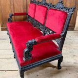 Large Japanese-style sofa in carved wood and red velvet, 19th century