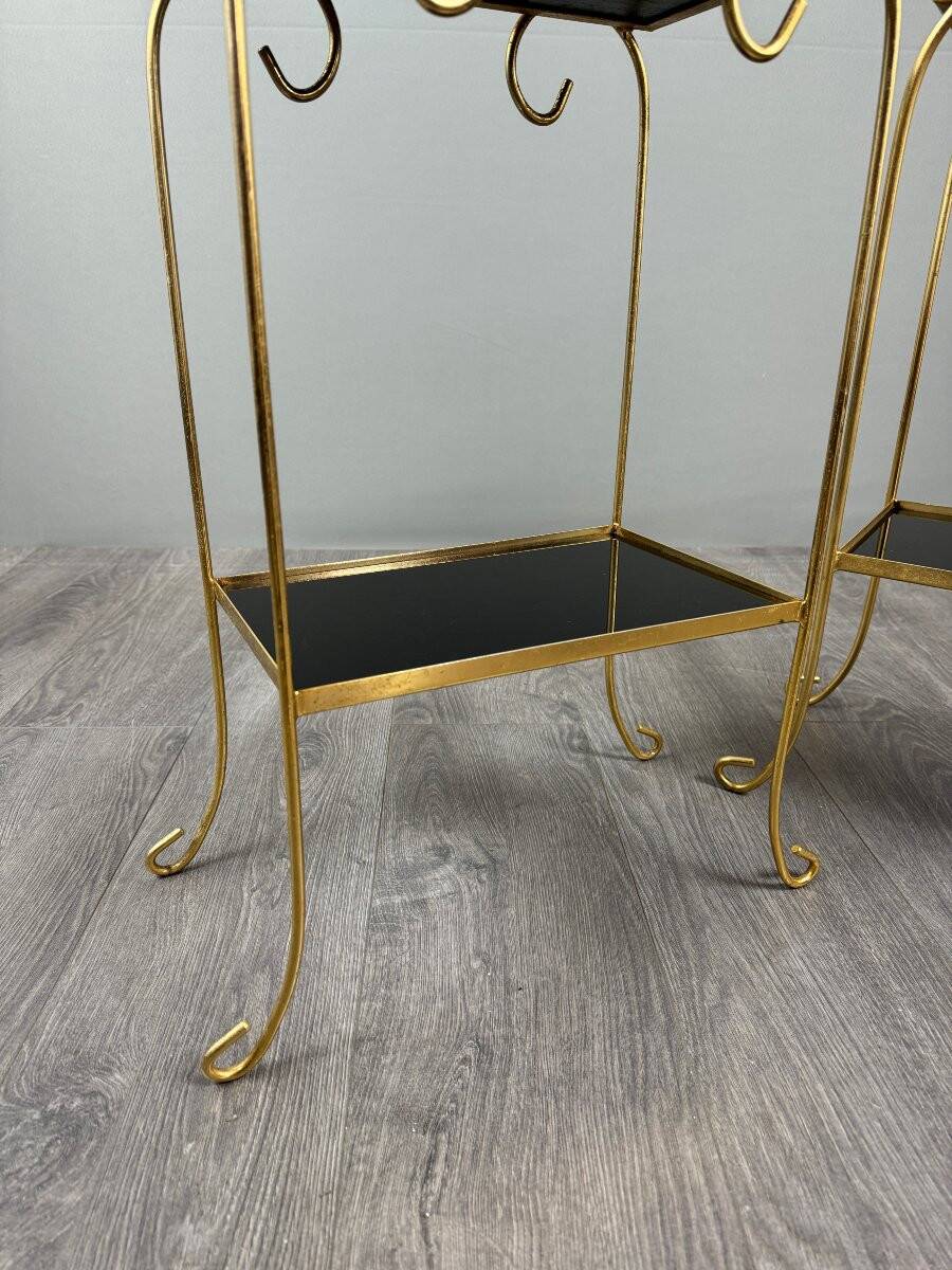 Pair of vintage side tables in gilt metal, with glazed ceramic tops