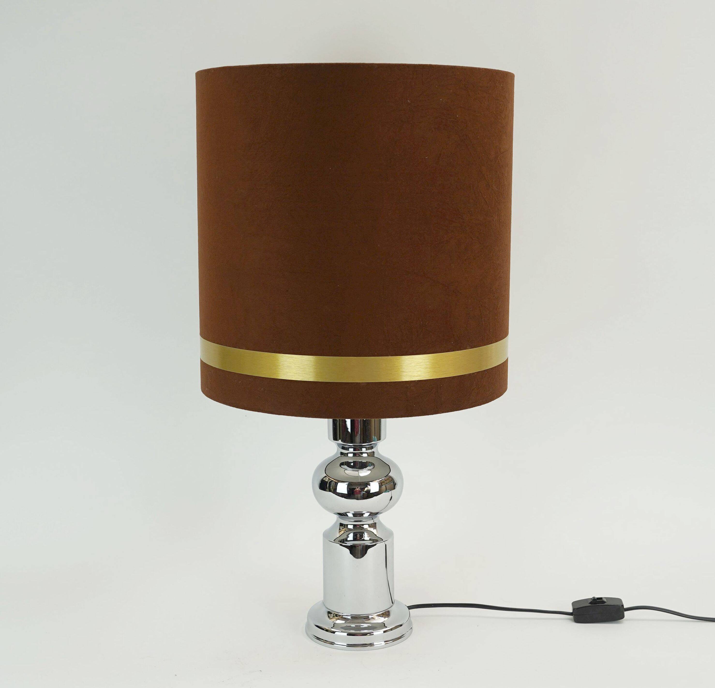 1970s table lamp aro-leuchten chrome base brown velvet lampshade
