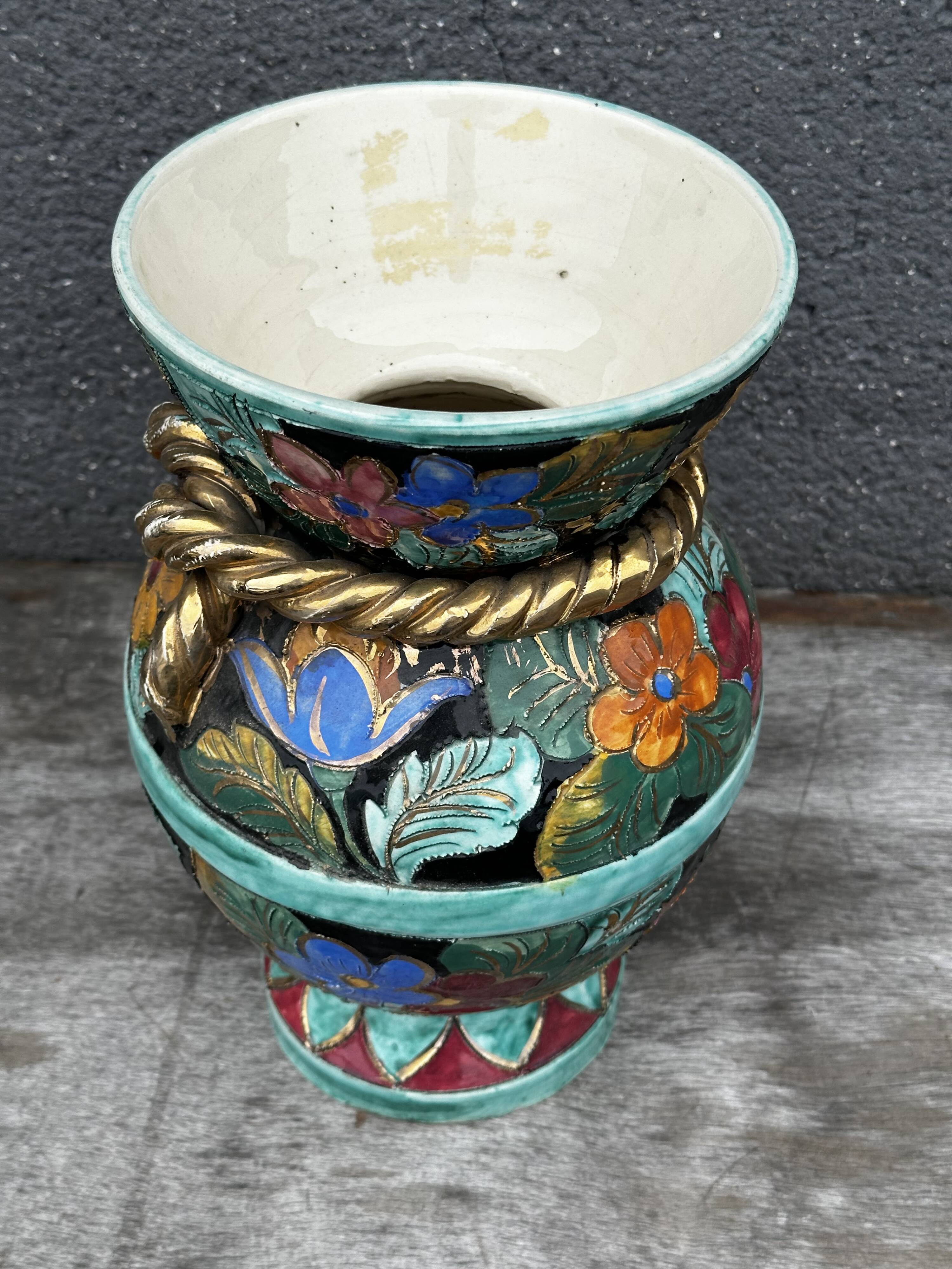 Vallauris vase signed JTF AC - Floral decoration - H 30 cm