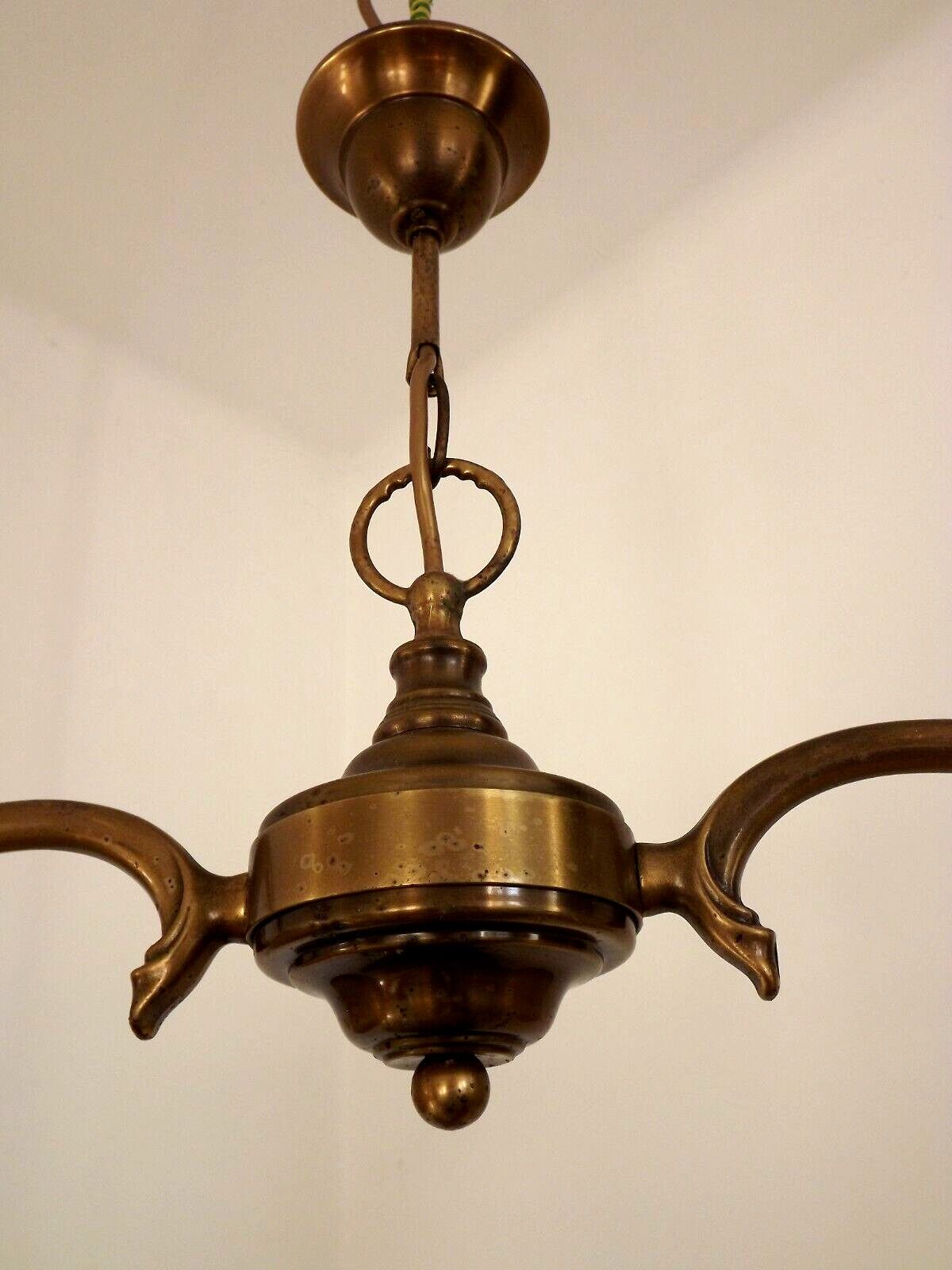 French Mid Century Bronze Billiard Light 2 Cream Amber Round Glass Shades 3921